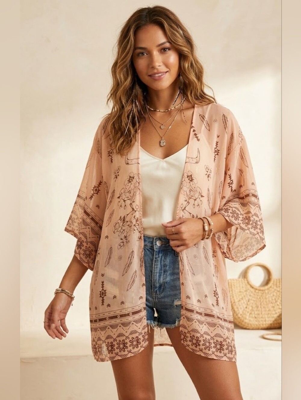 5 For 25✨️Boho Floral Flower Kimono Pink Coverup Cardigan Womens Small-Medium